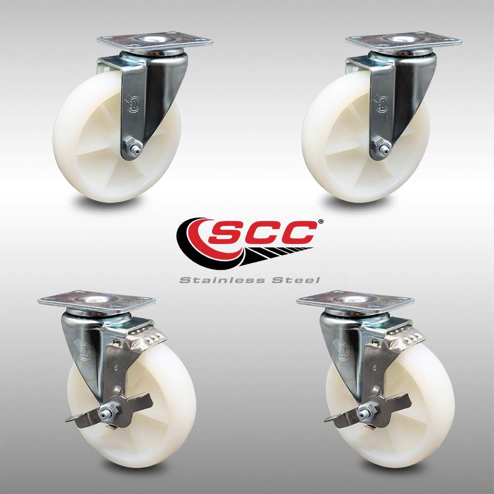 Swivel Caster with Top Locking Brake, 5 x 1.25 White Wheel, 300 lbs Capacity, Pack of 2 B892