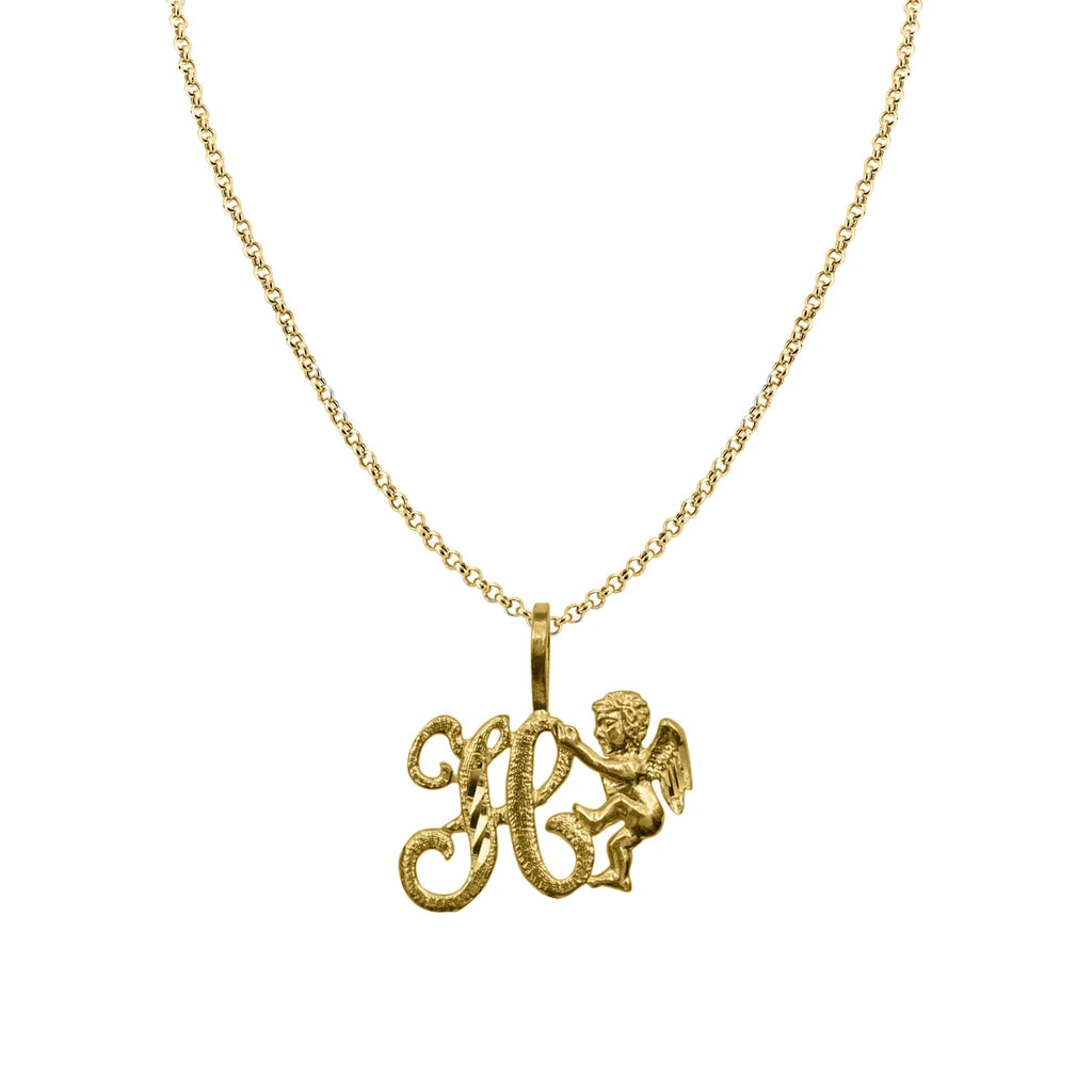 14K Yellow Gold Cherub Initial Pendant Necklace with 16" Chain E538