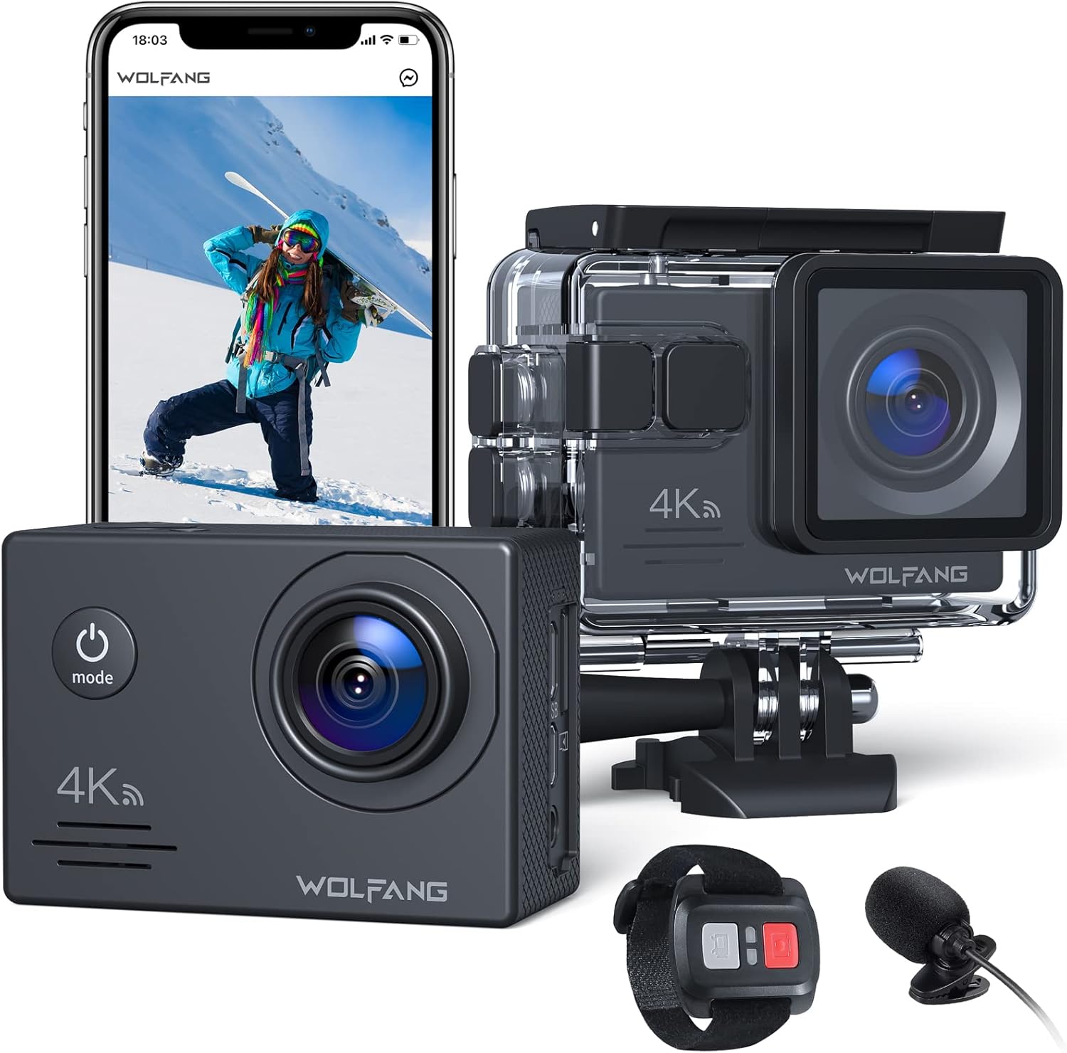 4K 30FPS 20MP Waterproof Action Camera with Remote Control, 2x1050mAh Batteries and Mount Accessories Kit A510526