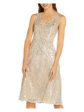 Beige Sequined Zippered Embroidered Lined Geometric Sleeveless V Neck Below The Knee Fit + Flare Dress T8962