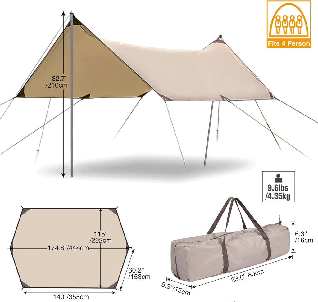 Camping Tent Tarp with Poles, 4-6 Person PU 3000mm Lightweight Awning Canopy Sun Shelter O134
