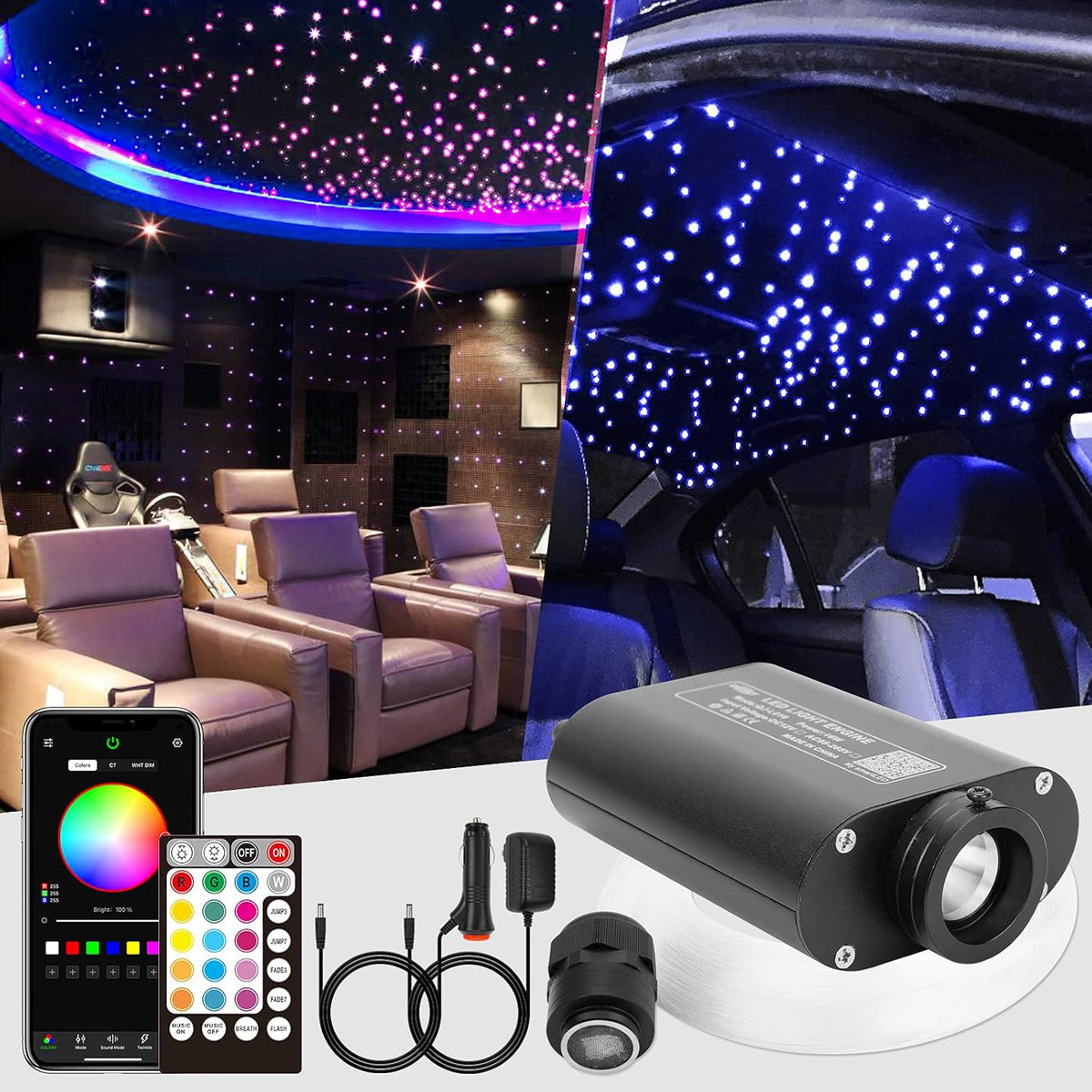 16W 450pcs 9.8ft RGBW LED Fiber Optic Headliner Light Kit with Adapter and Cigarette Lighter O57508