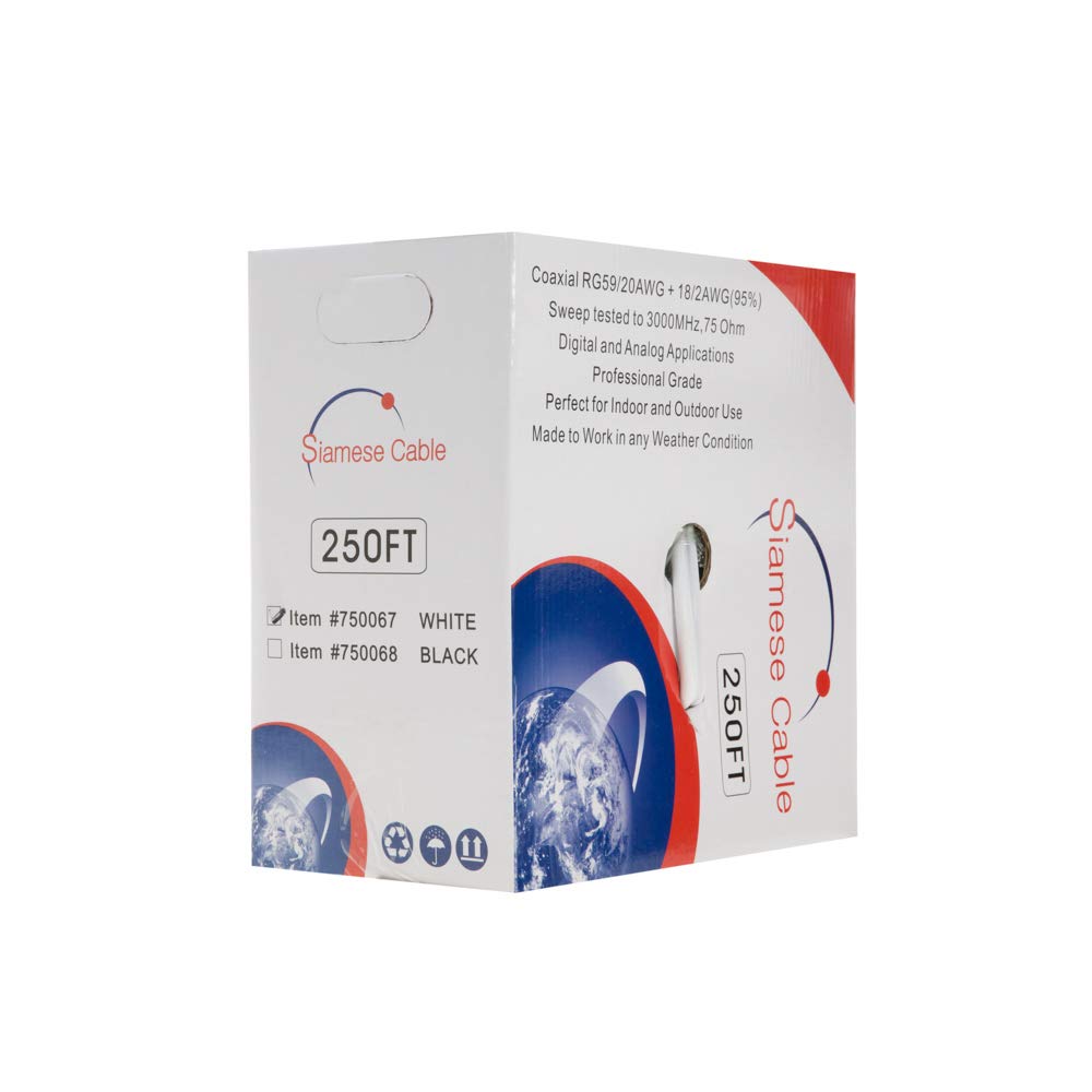 250FT White Siamese RG59/U Cable, 20AWG + 18/2AWG, 95% Shielding P879652