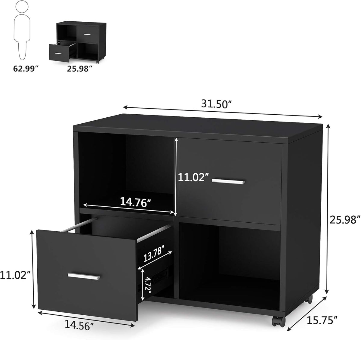 2 Drawers Mobile Lateral Filing Cabinet with Open Storage Shelves and Wheels Q56551